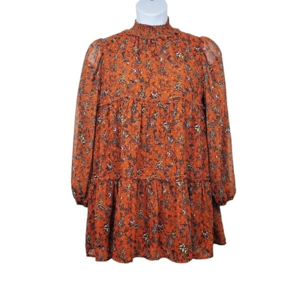 Forever 21 Womens Rust Dot Floral Print Chiffon Tiered Mini Dress Size M NWT
